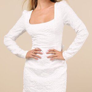 Lulus Elevated Icon White Jacquard Long Sleeve Bow Mini Dress - Size S